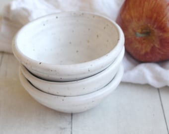 Three Small Rustic Speckled Bowls In Matte White Glaze Stoneware Ceramic Bowls Ready to Ship Made in USA