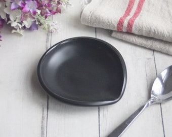 Medium Size Spoon Rest in Satin Black Glaze, Handmade Pottery, Kitchen Coffee Station Tablespoon Dish, Ready to Ship Made in USA