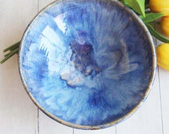 Beautiful Serving Bowl in Swirling Blue Glaze, Wheel Thrown Pottery Handcrafted Stoneware Centerpiece Made in the USA