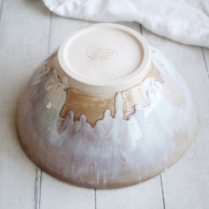 Rustic Stoneware Serving Bowl with Dripping Glazes in White and Ocher, Discounted Second Ceramic Bowl Handcrafted Pottery Made in USA image 8