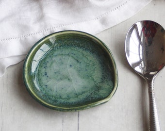 Small Sized Spoon Rest in Crackle Green Glaze, Rustic Pottery Teaspoon Dish, Kitchen Coffee Station Dish Ready to Ship Made in USA