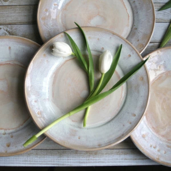 Rustic White Dinner Plates Set of Four Handmade Ceramic Dishes Stoneware Dinnerware Made in USA Ready to Ship