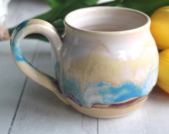 Colorful Stoneware Mug, 14 oz., Handmade Pottery Coffee Cup, Wheel Thrown Ready to Ship Made in USA