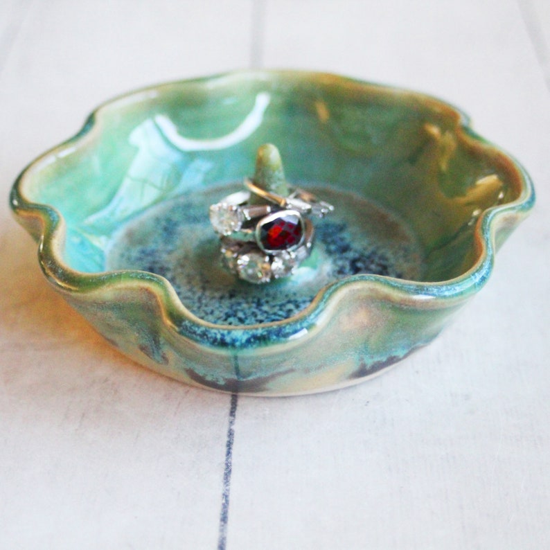 Shimmering Green Ring Holder, Handmade Ceramic Jewelry Dish, Made in USA, Ready to Ship image 7
