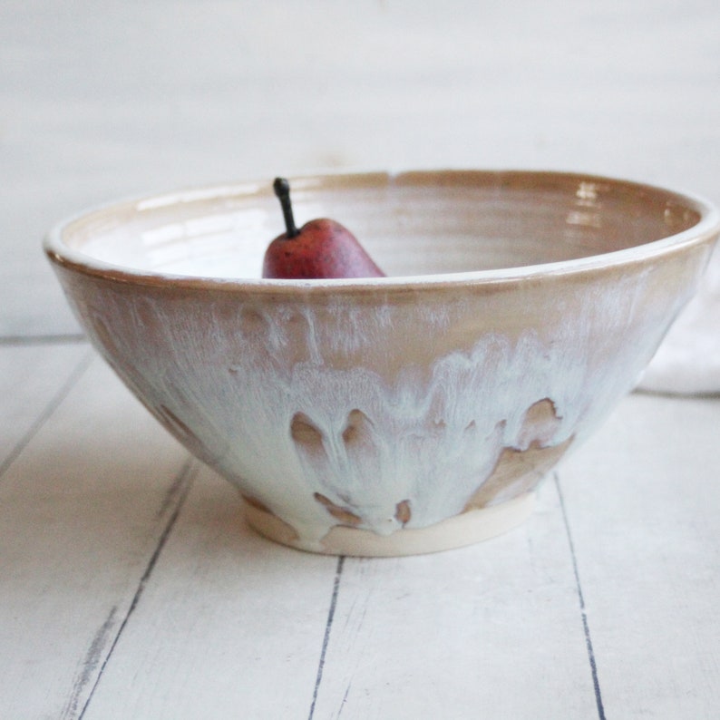 Rustic Stoneware Serving Bowl with Dripping Glazes in White and Ocher, Discounted Second Ceramic Bowl Handcrafted Pottery Made in USA image 6