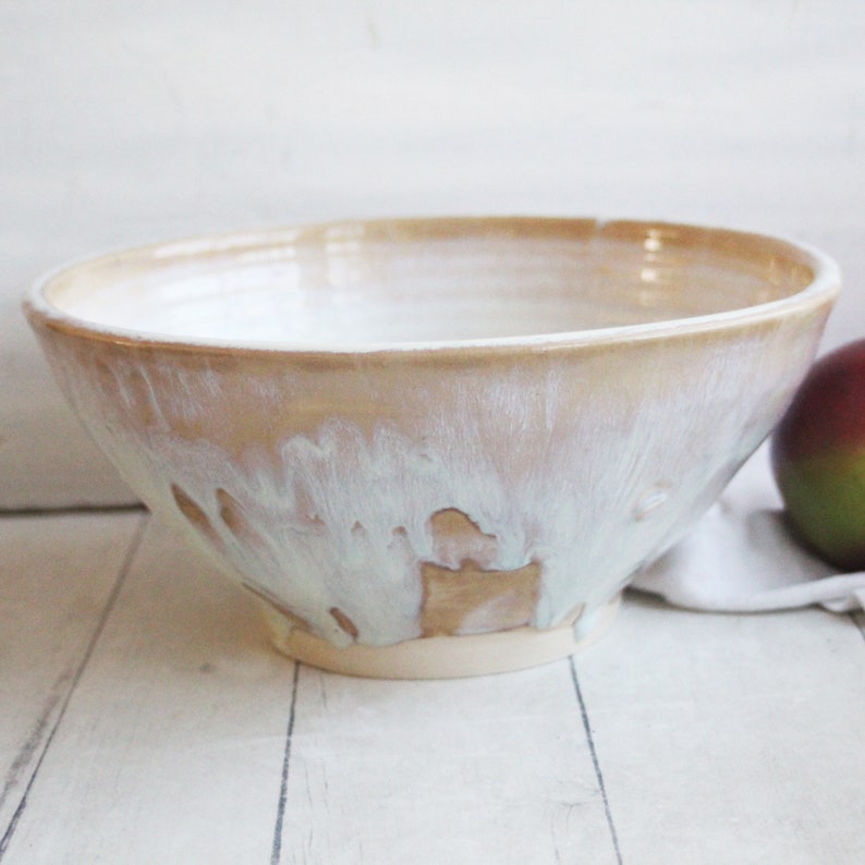 Rustic Stoneware Serving Bowl with Dripping Glazes in White and Ocher, Discounted Second Ceramic Bowl Handcrafted Pottery Made in USA image 3