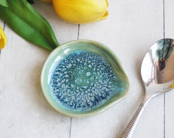 Small Spoon Rest in Shimmering Spotted Green Glaze, Pottery Dish for your Coffee or Tea Spoon, Ready to Ship Made in USA