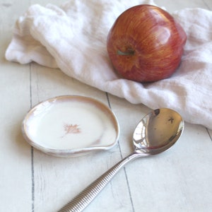Small Spoon Rest Creamy White and Ocher Glaze, Pottery Dish for your Coffee or Tea Spoon, Ready to Ship Made in USA
