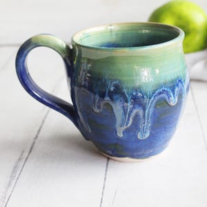 Pottery Mug in Dripping Green and Blue Drippy Glazes, Handmade Ceramic Coffee Cup 14 oz. Made in USA Ready to Ship
