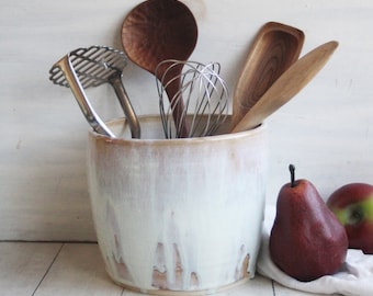 Rustic Utensil Holder, Neutral Beige and Creamy White Kitchen Organizer, Handcrafted Utensil Crock, Made in USA, Ready to Ship