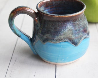 Brown, Blue and Turquoise Pottery Mug, 14 oz. Handcrafted Coffee Cup, Made in USA