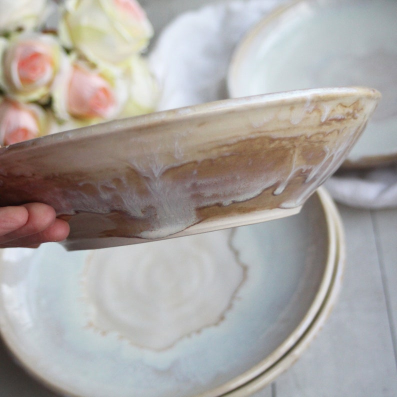 Discounted SECONDS, Set of Four Shallow Bowls in Dripping White and Ocher Glaze Made in USA Ready to Ship image 7