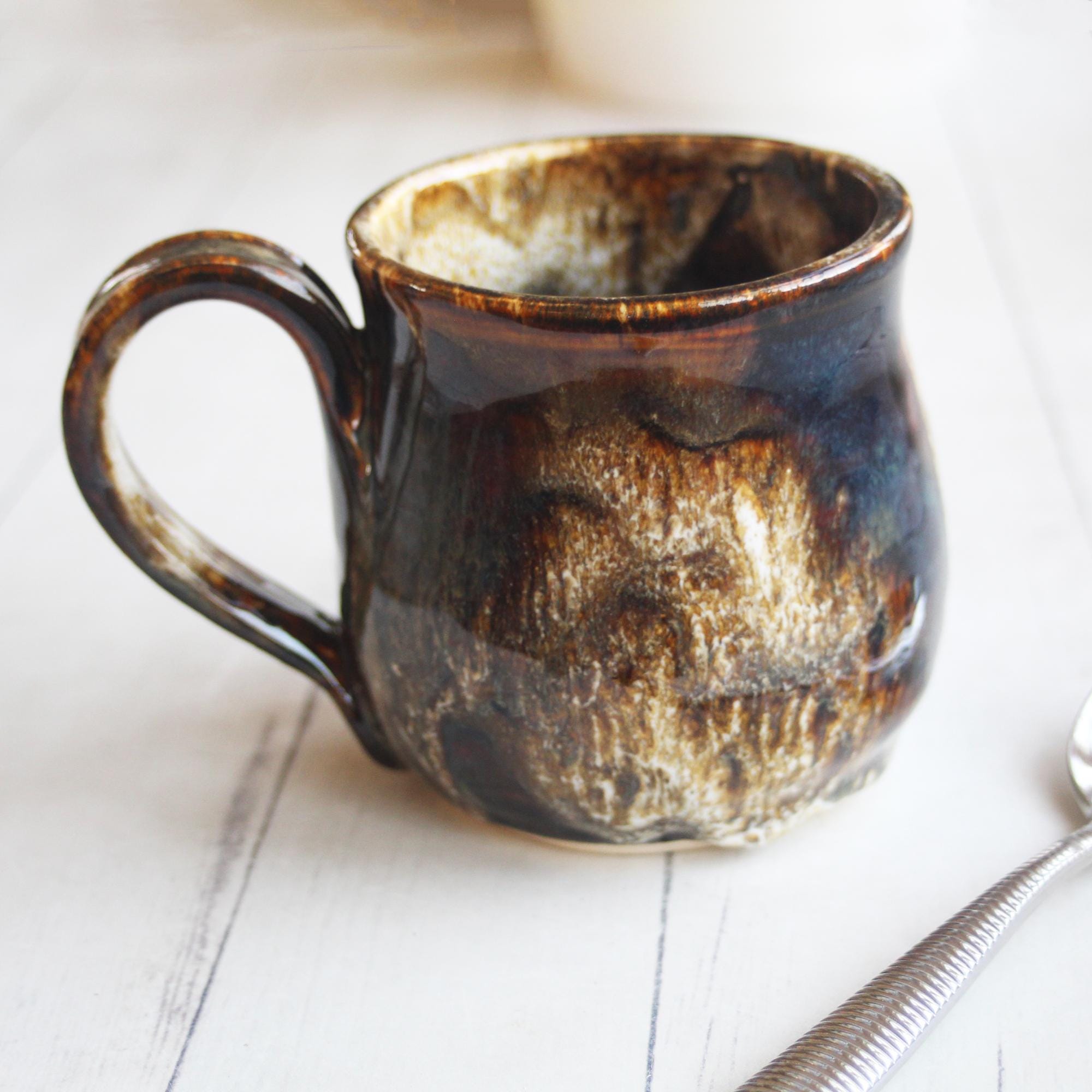 Stoneware Mug in Earthy Brown and Black Glazes 15 oz., Handmade Stoneware Coffee Cup, Made in USA Ready to Ship