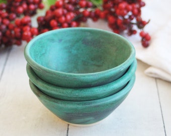 Set of Three Copper Green Pottery Bowls Handmade Rustic Kitchen Prep Bowls Ceramic Pottery Bowls Ready to Ship