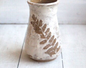 Rustic Nature Vase with Maiden Hair Leaf Impression, Handmade Pottery Vase, Brown Speckled White Pottery Vase, Ready to Ship Made in USA