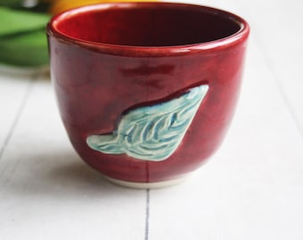 Yunomi Teacup in Deep Cherry Red Glaze with Carved Leaf, Handmade Wheel Thrown Tea Cup Made in USA Ready to Ship