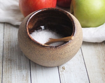 Rustic Salt Cellar with Raw Stone Surface, Ceramic Salt Pig, Brown Speckled Stoneware, Handcrafted Pottery Made in USA