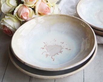 Discounted "SECONDS", Set of Four Shallow Bowls in Dripping White and Ocher Glaze Made in USA Ready to Ship