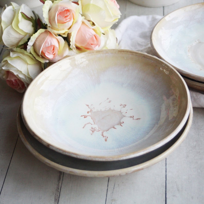 Discounted SECONDS, Set of Four Shallow Bowls in Dripping White and Ocher Glaze Made in USA Ready to Ship image 1