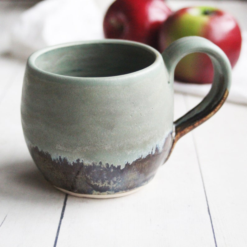 Matte Avocado Green and Brown Stoneware Mug, 12 Ounce Rustic Pottery Coffee Cup, Ready to Ship Made in USA image 2