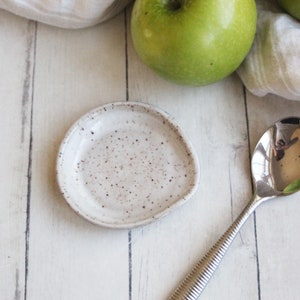 Small Rustic Spoon Holder, Handcrafted Pottery Stoneware Spoon Rest, Speckled Natural Beige, Ready to Ship Made in USA