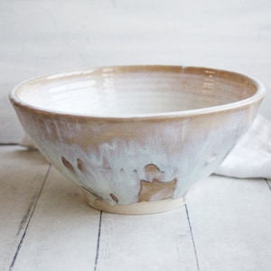 Rustic Stoneware Serving Bowl with Dripping Glazes in White and Ocher, Discounted Second Ceramic Bowl Handcrafted Pottery Made in USA image 1