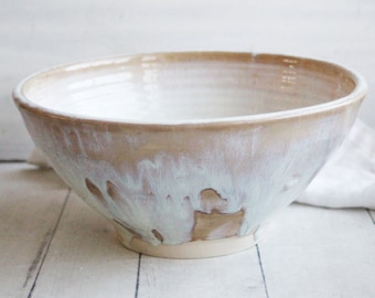 Rustic Stoneware Serving Bowl with Dripping Glazes in White and Ocher, "Discounted Second" Ceramic Bowl Handcrafted Pottery Made in USA