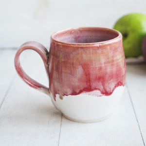 Stoneware Coffee Mug in Soft Strawberry and White Glaze, Handmade Pottery Tea Mug 13 oz,. Made in USA Ready to Ship
