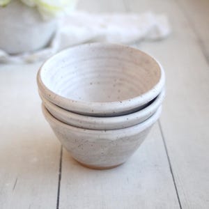 Three Small Rustic Speckled Stoneware Prep Bowls, Matte White Glaze