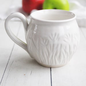 Hand Carved Gardener&#39;s Pottery Mug in White Shiny Glaze on White Stoneware 12 oz., Spring Flowers Theme, Ready to Ship Made in USA