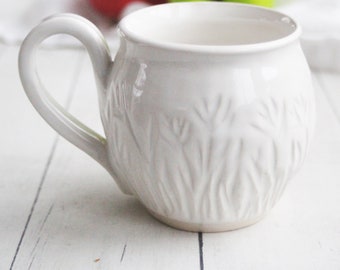 Hand Carved Gardener's Pottery Mug in White Shiny Glaze on White Stoneware 12 oz., Spring Flowers Theme, Ready to Ship Made in USA