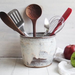 Large Rustic Utensil Holder, Speckled Stoneware in Toasted Marshmallow Glaze, Handcrafted Pottery Crock, Made in USA, Ready to Ship