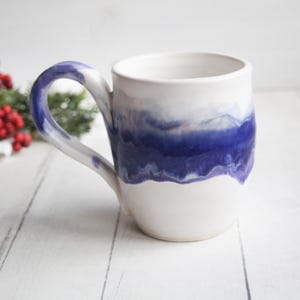 Stoneware Coffee Mug in Purple and White Glazes Handmade Pottery 14 oz. Made in USA