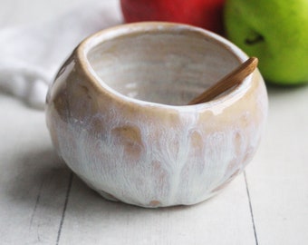 Ceramic Salt Cellar in Rustic White and Dripping Ocher Glaze, Handmade Stoneware Salt Pig, Handcrafted Pottery Made in USA