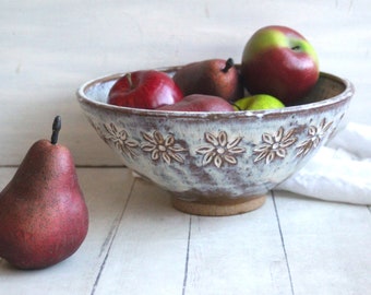 Gorgeous Large White and Brown Speckled Serving Bowl, Hand Carved Stoneware Pottery, Rustic Flower Design, Made in the USA Ready to Ship