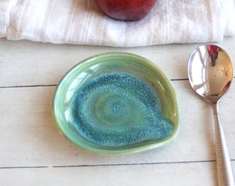 Medium Spoon Rest in Shimmering Green Glaze, Handmade Pottery, Kitchen Coffee Station Tablespoon Dish, Ready to Ship Made in USA