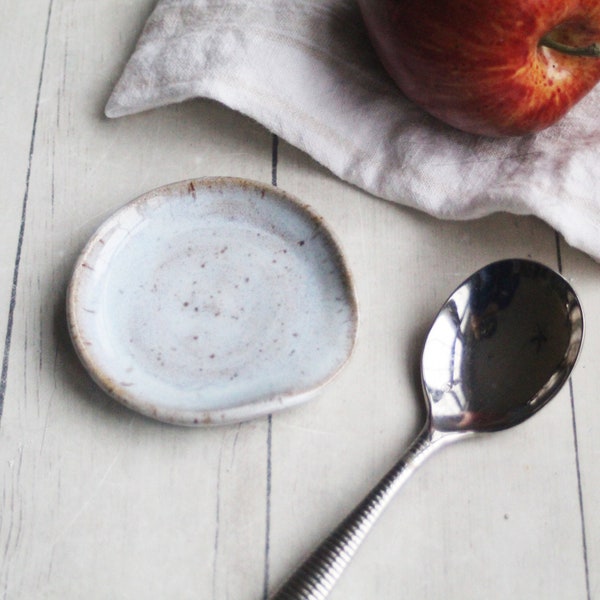 Small Size Spoon Rest in Icy White Glaze on Speckled Stoneware Clay, Kitchen Coffee Station Tablespoon Dish, Ready to Ship Made in USA