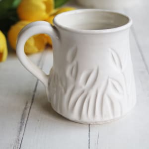 Hand Carved Pottery Mug in Satin White Glaze on White Stoneware 14 oz., Spring Flowers Theme, Ready to Ship Made in USA