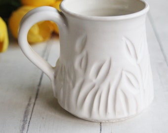 Hand Carved Pottery Mug in Satin White Glaze on White Stoneware 14 oz., Spring Flowers Theme, Ready to Ship Made in USA