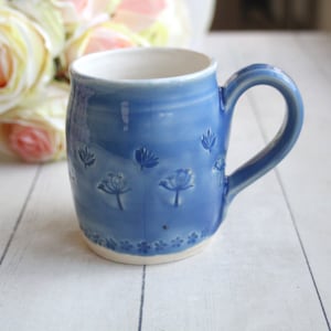 Blue and White Handmade Pottery Mug with Floral Design, 14 oz.  Coffee Cup, Made in USA Ready to Ship