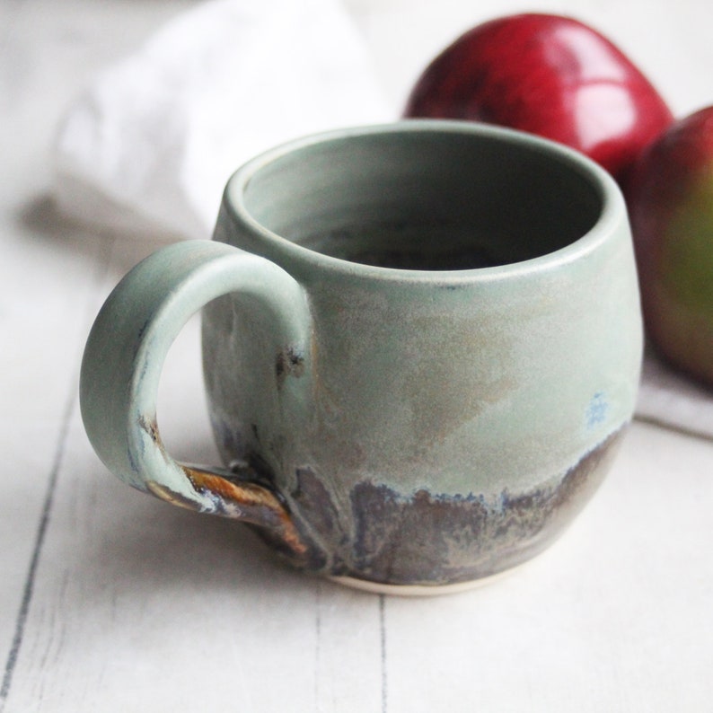 Matte Avocado Green and Brown Stoneware Mug, 12 Ounce Rustic Pottery Coffee Cup, Ready to Ship Made in USA image 3