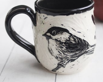 Handmade Chickadee and Sparrow Sgraffito Mug, 13 oz., Hand Carved Bird Design, Artful Coffee Cup Ready to Ship Made in USA