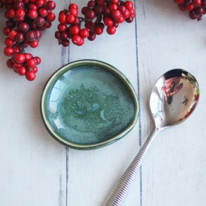 Green Glaze Pottery Spoon Rest: Rustic Teaspoon Dish, Coffee Station Decor