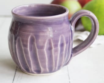 Rustic Modern Stoneware Mug in Matte Purple and White Glaze, Hand Carved Coffee Cup, 14 oz. Ready to Ship Made in USA