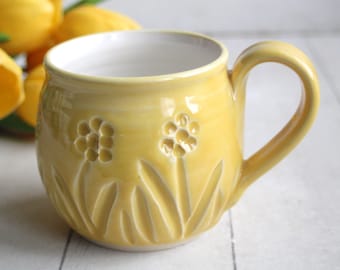 Hand Carved Pottery Mug in Cheerful Yellow Glaze on White Stoneware 14 oz., Spring Flowers Theme, Ready to Ship Made in USA