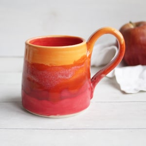 Handmade Pottery Mug in Bright Orange and Red Glazes, 14 oz. Made in USA