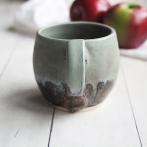 Matte Avocado Green and Brown Stoneware Mug, 12 Ounce Rustic Pottery Coffee Cup, Ready to Ship Made in USA image 6