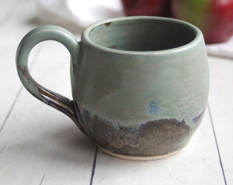 Matte Avocado Green and Brown Stoneware Mug, 12 Ounce Rustic Pottery Coffee Cup, Ready to Ship Made in USA