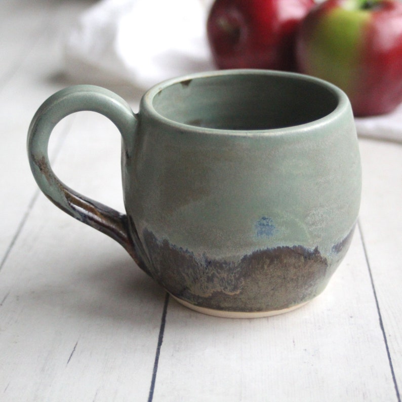 Matte Avocado Green and Brown Stoneware Mug, 12 Ounce Rustic Pottery Coffee Cup, Ready to Ship Made in USA image 1