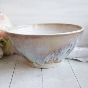 Rustic Stoneware Serving Bowl with Dripping Glazes in White and Ocher, Discounted Second Ceramic Bowl Handcrafted Pottery Made in USA image 7